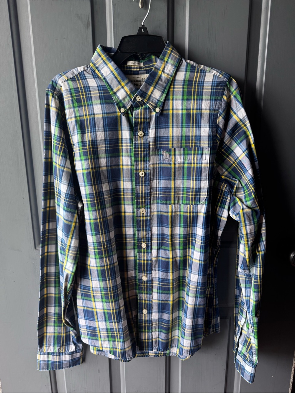 Abercrombie & Fitch Blue, Green and White Plaid Button-Down Shirt